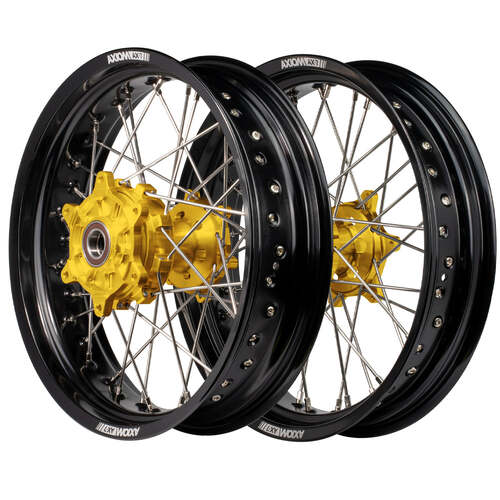 Suzuki DR650SE 1990-2022 Axiom Supermotard Wheel Set 17x3.5/17x4.25 Cush Drive Black Rim Gold Hub 