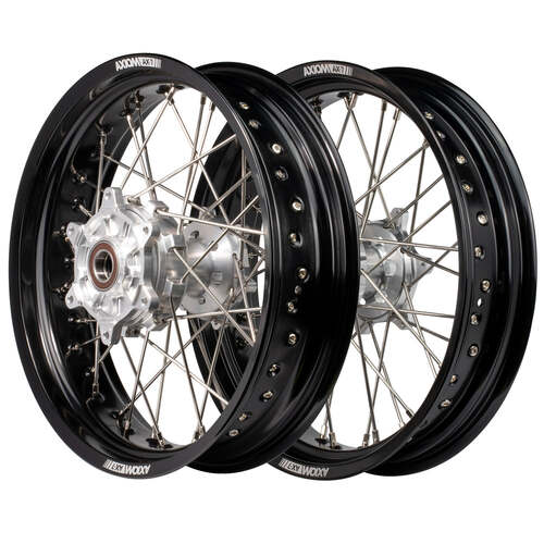 Suzuki DR650SE 1990-2022 Axiom Supermotard Wheel Set 17x3.5/17x4.25 Cush Drive Black Rim Silver Hub 