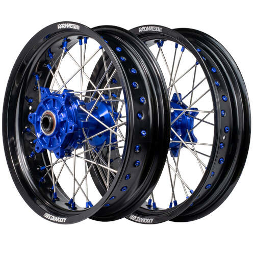 KTM 200 EXC 2003 - 2016 Axiom Supermotard Wheel Set 17x.3.5/17x4.25 Black Rim Blue Hubs & Nipples