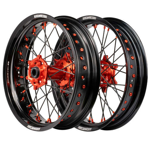 KTM 125 EXC 2003-2017 Axiom Supermotard Wheel Set 17x3.5/17x4.25 Black Rim & Spokes Orange Hubs & Nipples