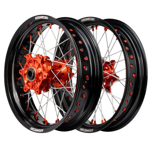 KTM 125 EXC 2003-2017 Axiom Supermotard Wheel Set 17x3.5/17x4.25 Black Rim Orange Hub Orange Nipples