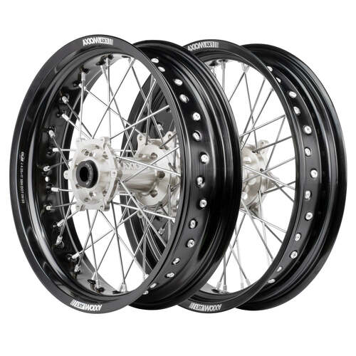 KTM 200 EXC 2003 - 2016 Axiom Supermotard Wheel Set 17x.3.5/17x4.25 Black Spokes Black Rim Silver Hub Silver Nipples