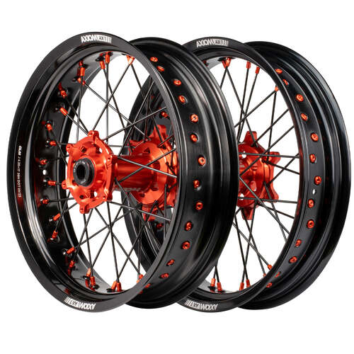 KTM 250 EXC TPI 2018 - 2024 Axiom Supermotard Wheel Set 17x3.5/17x4.25 Cush Drive Black Rim Orange Hubs & Nipples