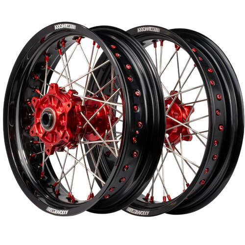 KTM 200 EXC 2003 - 2016 Axiom Supermotard Wheel Set 17x3.5/17x4.25 Cush Drive Black Rim Red Hubs & Nipples