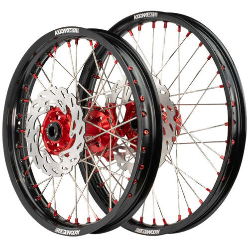 Honda CR125R 2002-2007 Axiom Wheel Set 21x1.6/19x2.15 Black Rims Red Hubs SS Spokes inc Brake Discs