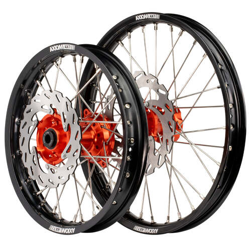 Husqvarna TE250i 2018 - 2024 Axiom Wheel Set 21x1.6/18x2.15 Black Rims Orange Hubs SS Spokes inc Brake Discs
