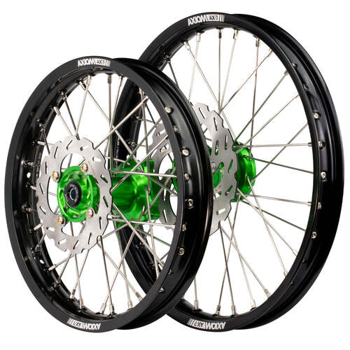 Kawasaki KX125 2006-2008 Axiom Wheel Set 21x1.6/19x2.15 Black Rims Green Hubs SS Spokes inc Brake Discs