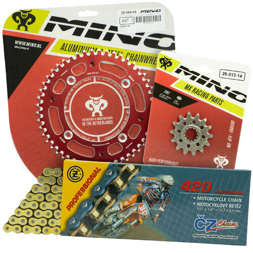 Honda CR80R 1986-2002 Mino 12T/50T Gold MX CZ Chain and Red Alloy Sprocket Kit