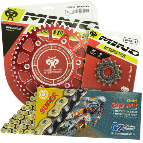 Honda CR125R 1983-2007 Mino 12T/49T Gold MX CZ Chain & Red Alloy Sprocket Kit