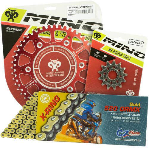 Honda CR125R 1983-2007 Mino 12T/48T Gold X-Ring CZ Chain & Red Alloy Sprocket Kit