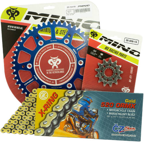 Yamaha YZ250X 2016-2022 Mino 15T/50T Gold X-Ring CZ Chain & Blue Alloy Sprocket Kit