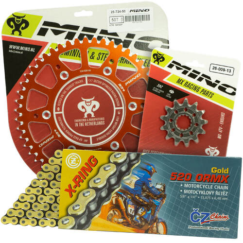 KTM 300 EXC 1995-2022 Mino 12T/49T Gold X-Ring CZ Chain & Orange Alloy Sprocket Kit