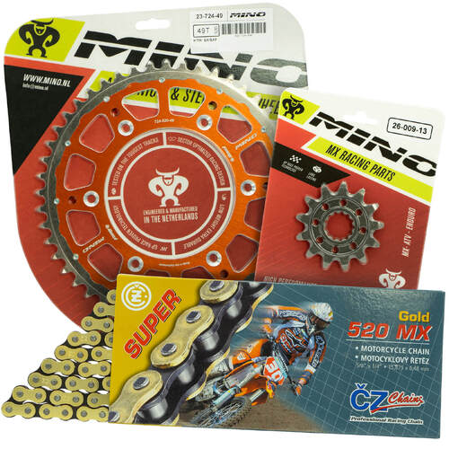 KTM 300 EXC 1995 - 2022 Mino 12T/49T Gold MX CZ Chain & Orange Fusion Sprocket Kit