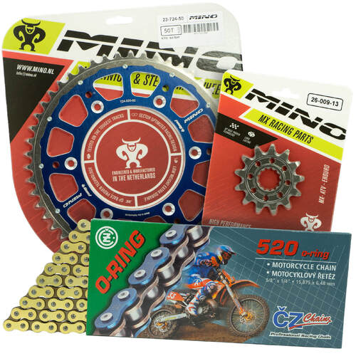 Yamaha YZ450FX 2016-2022 Mino 14T/51T Gold O-Ring CZ Chain & Blue Fusion Sprocket Kit