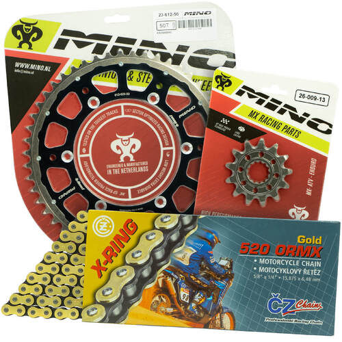 Kawasaki KLX450 2007-2022 Mino 12T/51T Gold X-Ring CZ Chain & Black Fusion Sprocket Kit