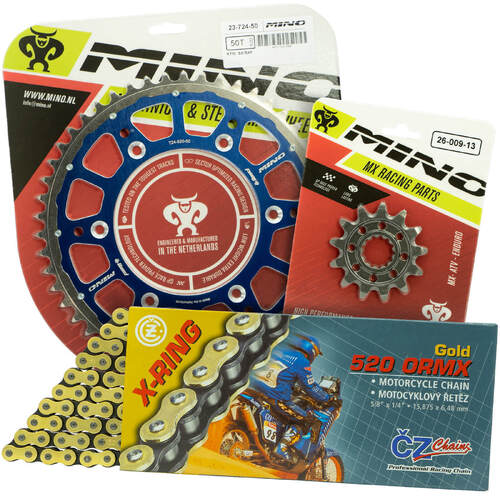 Yamaha YZ250X 2016-2022 Mino 15T/49T Gold X-Ring CZ Chain & Blue Fusion Sprocket Kit