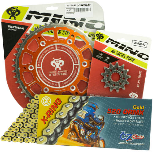 KTM 300 EXC 1995 - 2022 Mino 12T/49T Gold X-Ring CZ Chain & Orange Fusion Sprocket Kit