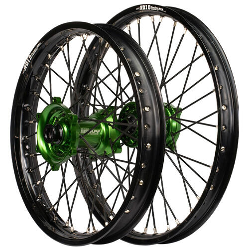 Kawasaki KX125 1989 - 1992 Envy / DID SNR Wheel Set 21/18 Black Rims Green Hubs Black Spokes