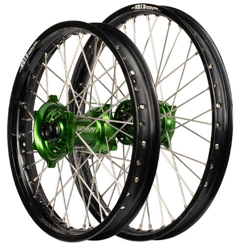 Kawasaki KX125 1989 - 1992 Envy / DID SNR Wheel Set 21/18 Black Rims Green Hubs