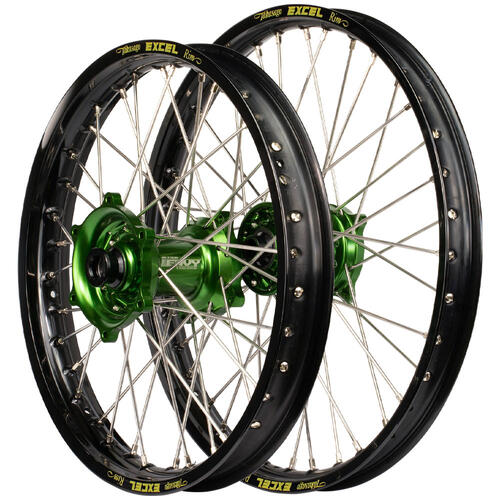 Kawasaki KX125 1989 - 1992 Envy / Excel SNR Wheel Set 21/18 Black Rims Green Hubs