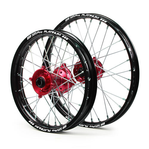 Honda CR80R 1996-2007 JNR MX Wheel Set Black Platinum Rims / Red SM Pro Hubs 19x1.40 / 16x1.85