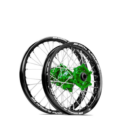 Kawasaki KX80 1997-2000 SM Pro MX JNR Wheel Set 17/14 Black Rims Green Hubs SS Silver Spokes