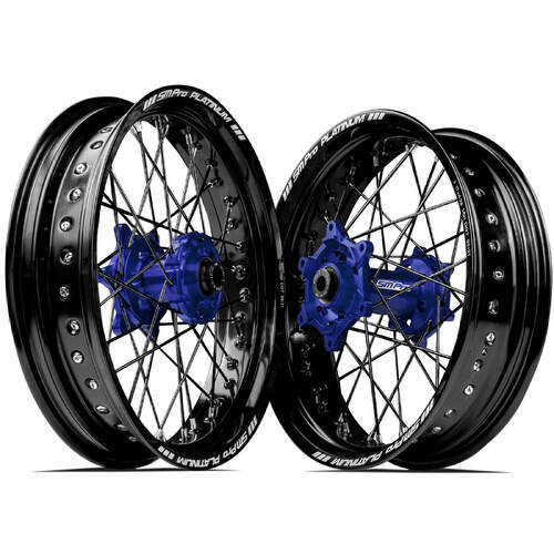 Honda CRF250R 2014-2023 SM Pro Supermotard Wheel Set 17x3.50 17x4.25 Black Rims Blue Hubs SS Black Spokes