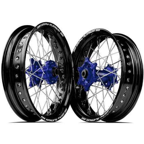 Honda CRF250R 2014-2023 SM Pro Supermotard Wheel Set 17x3.50 17x4.25 Black Rims Blue Hubs SS Silver Spokes