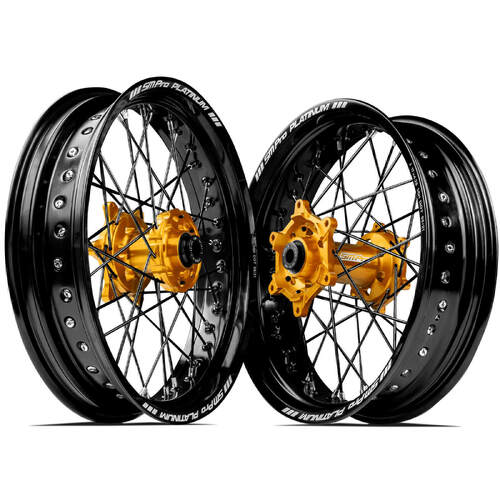 Honda CRF250R 2014-2023 SM Pro Supermotard Wheel Set 17x3.50 17x4.25 Black Rims Gold Hubs SS Black Spokes