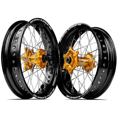 Honda CRF250R 2014-2023 SM Pro Supermotard Wheel Set 17x3.50 17x4.25 Black Rims Gold Hubs SS Silver Spokes