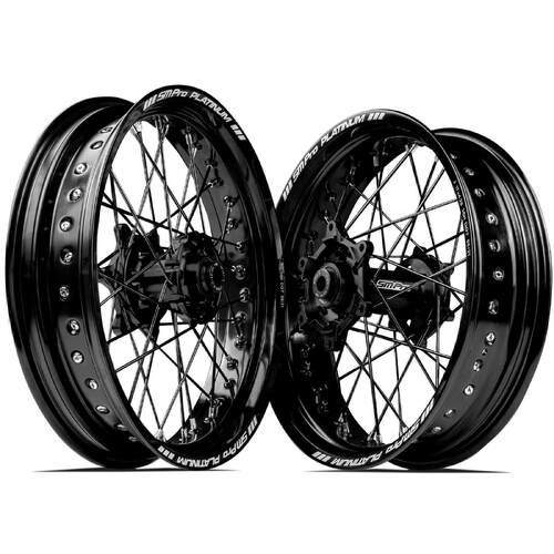 Honda CRF250R 2014-2023 SM Pro Supermotard Wheel Set 17x3.50 17x4.25 Black Rims Black Hubs SS Black Spokes