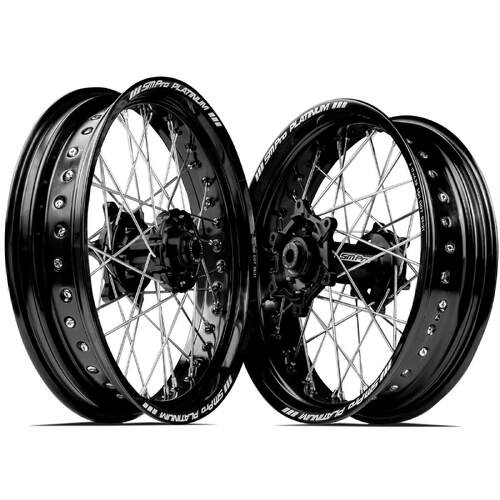 Honda CRF250R 2014-2023 SM Pro Supermotard Wheel Set 17x3.50 17x4.25 Black Rims Black Hubs SS Silver Spokes