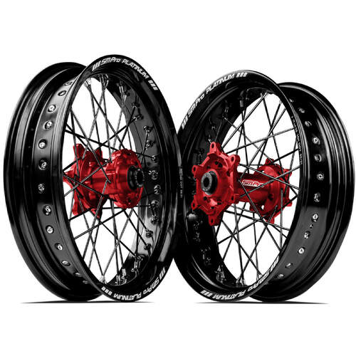 Honda CRF450R 2019-2023 SM Pro Supermotard Wheel Set 17x3.50 17x4.25 Black Rims Red Hubs SS Black Spokes