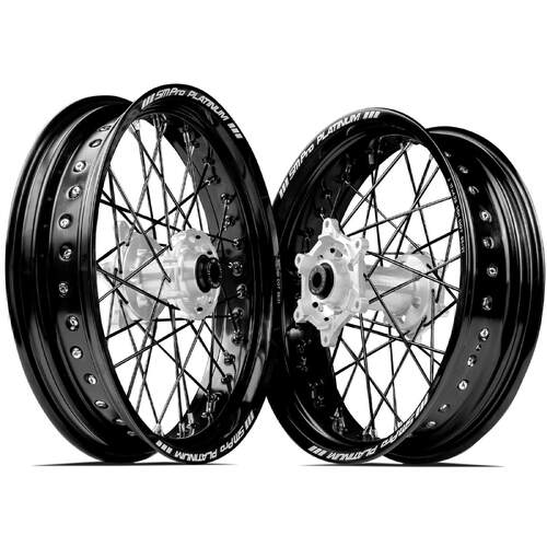 Honda CRF250R 2014-2023 SM Pro Supermotard Wheel Set 17x3.50 17x4.25 Black Rims Silver Hubs SS Black Spokes