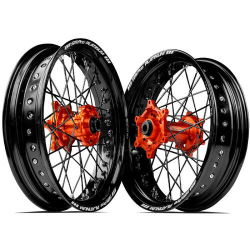 KTM 125 EXC 2003-2023 SM ProSupermotard Wheel Set 17x3.50 17x4.25 Black Rims Orange Hubs SS Black Spokes