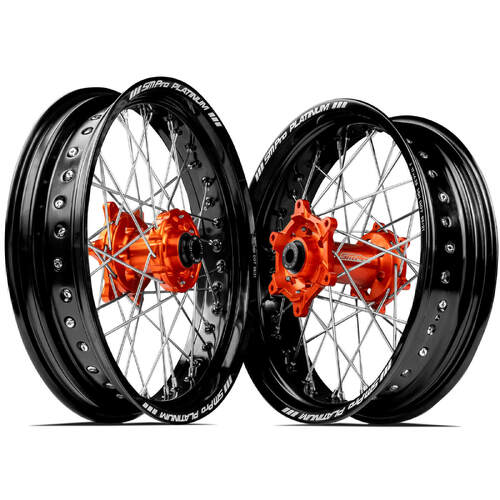 KTM 125 EXC 2003-2023 SM ProSupermotard Wheel Set 17x3.50 17x4.25 Black Rims Orange Hubs SS Silver Spokes