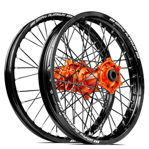 KTM 125 EXC 2003-2023 SM Pro MX SNR Wheel Set 21/18 Black Rims Orange Hubs SS Black Spokes