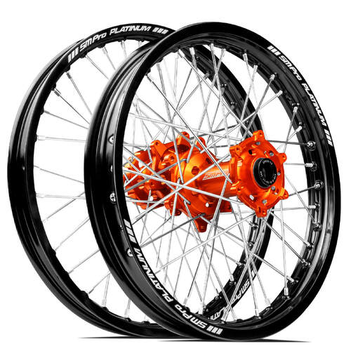 KTM 125 EXC 2003-2023 SM Pro MX SNR Wheel Set 21/18 Black Rims Orange Hubs SS Silver Spokes