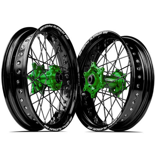 Kawasaki KX125 2006-2008 SM Pro Supermotard Wheel Set 17x3.50 17x4.25 Black Rims Green Hubs SS Black Spokes