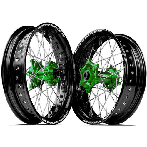 Kawasaki KX125 2006-2008 SM Pro Supermotard Wheel Set 17x3.50 17x4.25 Black Rims Green Hubs SS Silver Spokes