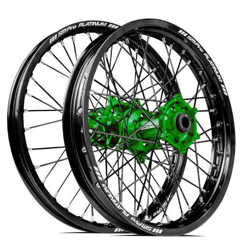 Kawasaki KX125 2006-2008 SM Pro MX SNR Wheel Set 21/18 Black Rims Green Hubs SS Black Spokes