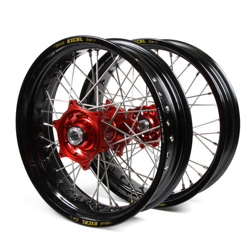 Honda XR600R 1993-1999 Supermotard Wheel Set Black Excel Rims Red Talon Hubs 17x3.50/17x4.25