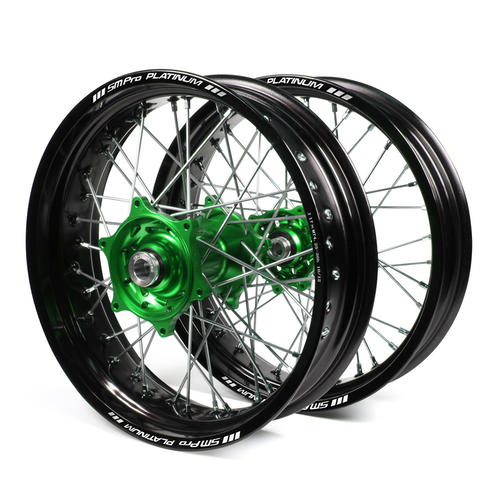 Kawasaki KX125 2006-2012 Supermotard Wheel Set Black Platinum Rims Green Talon Hubs 17x3.50/17x4.25